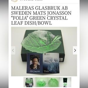 RARE Mats Jonasson Folia Green Crystal Leaf Dish Made in Sweden